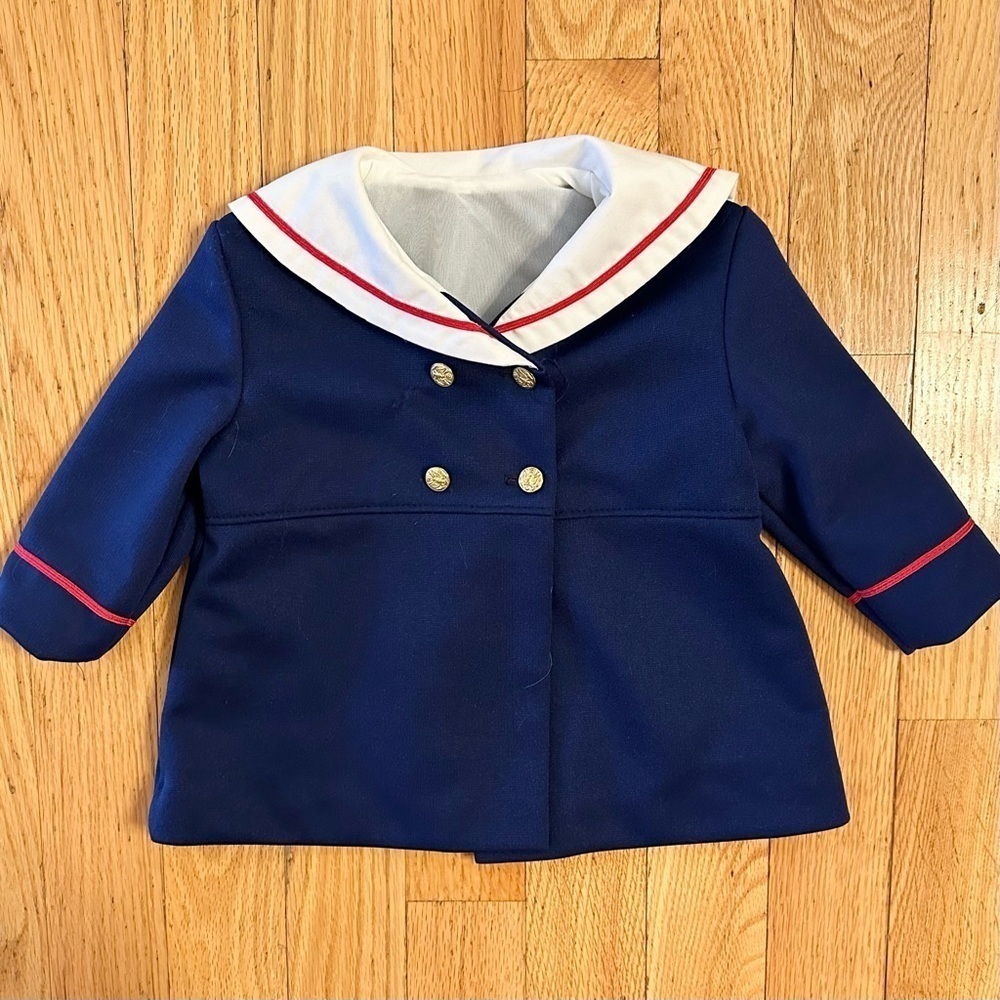 VINTAGE 80s Baby TODDLER Unisex NAVY BLUE SAILOR PEA COAT SIZE 18 MO nautical